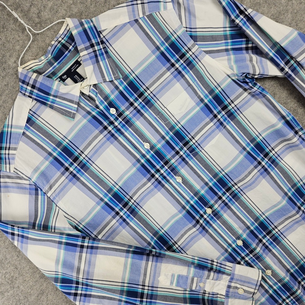 Gap Button Down Shirt Men's Medium Blue Plaid Classic Fit Poplin Preppy SPOT